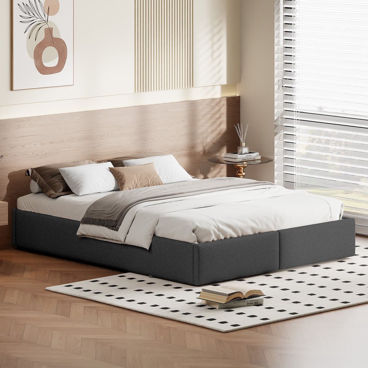 Opbergbed 160x200 cm – Grijs Linnenstof Bed met 2 Lades – Tweepersoons Bedframe met Opbergruimte – Modern Slaapkamer Bed thumbnail 5