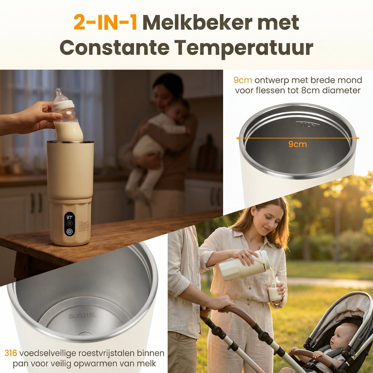 Thermosfles Flessenwarmer - 2-in-1 - BabyCare - Snelle Opwarming Moedermelk & Water - Pasteurisatie - 24U Constant Temperatuur - 400ml - 10400mAh - Beige thumbnail 5