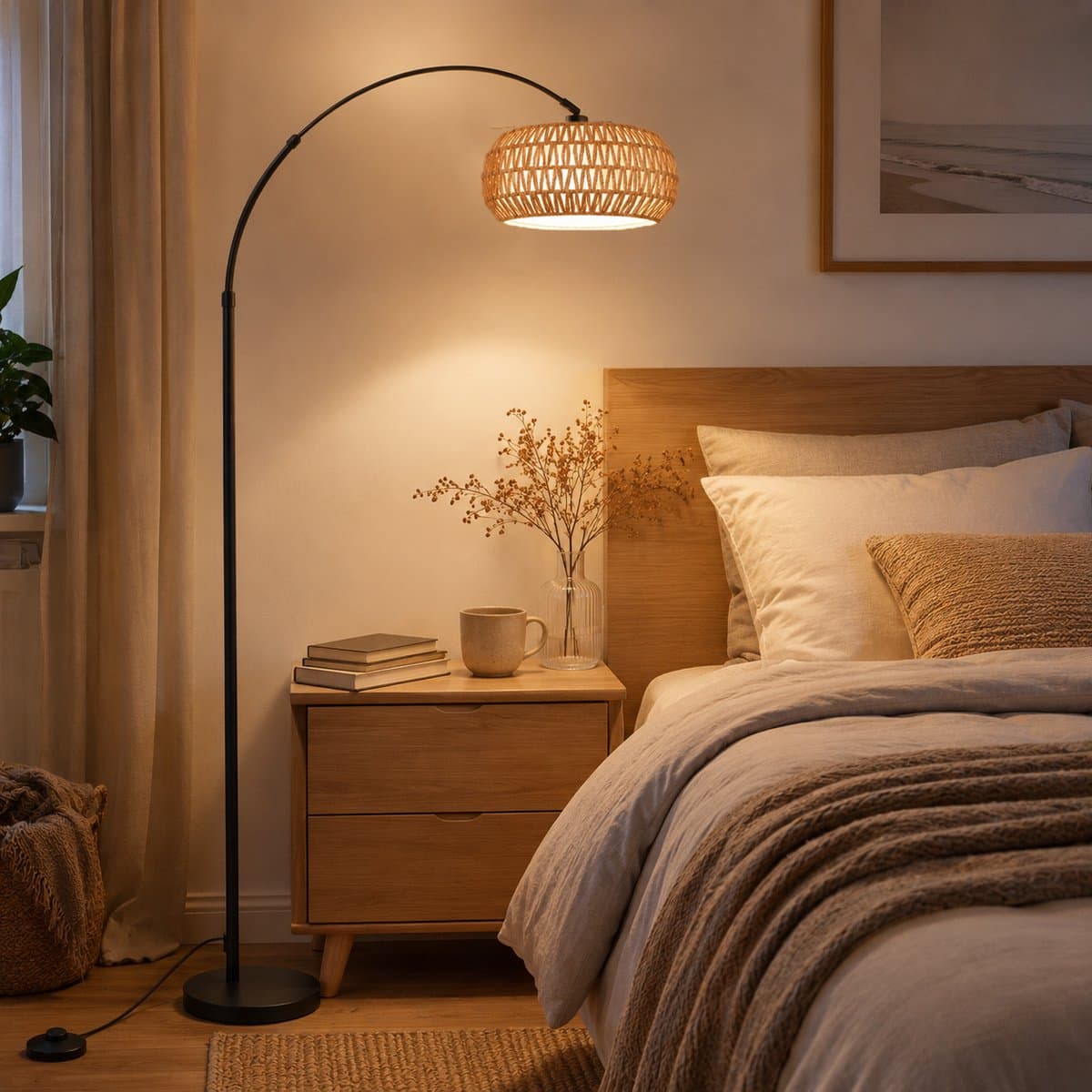 MUPOO Boho vloerlamp Booglamp met Rotan Kap met 360° draaibare arm & Marmeren voet- Hoogte Verstelbaar Staande Lamp met 3-in-1 Design & Traploos Dimbaar - Sfeerverlichting Woonkamer & Kantoor thumbnail 7