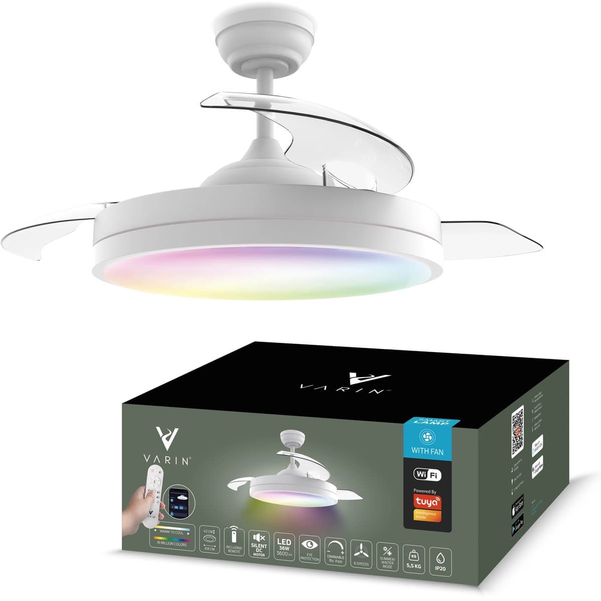 Varin® Smart Plafondventilator met verlichting - Wit - Tuya Wifi - LED 36W RGBW - Ø 50cm/108cm - Super stil - Smart lamp - Plafondlamp slaapkamer - Plafonniere woonkamer - Plafondlampen - Plafond lamp - Verlichting kinderkamer - Ventilator