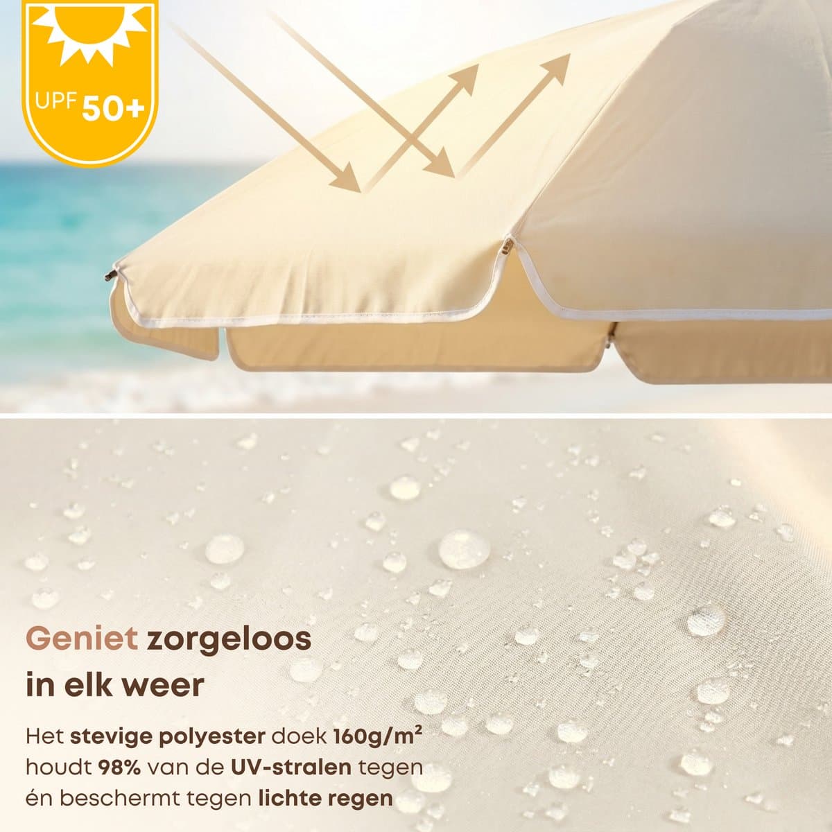 ACAZA Parasol - Strandparasol - Beige - 160 cm diameter - inclusief Draagtas - Rond - Tuinparasol - Kantelbaar - Waterdicht - Terras Parasol voor Appartement - Parasol Strand - Tot 2 Personen thumbnail 3