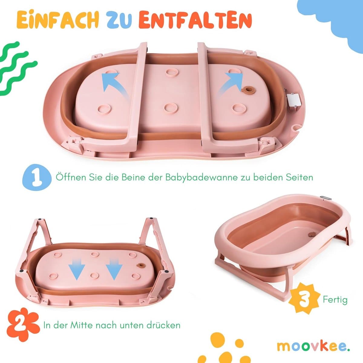 moovkee. Opvouwbaar Babybad 80 cm Donkerroze - Babybadewanne met Thermometer en Badesitz - Antislip Draagbare Babybadkuip voor 0-36 Maanden thumbnail 2