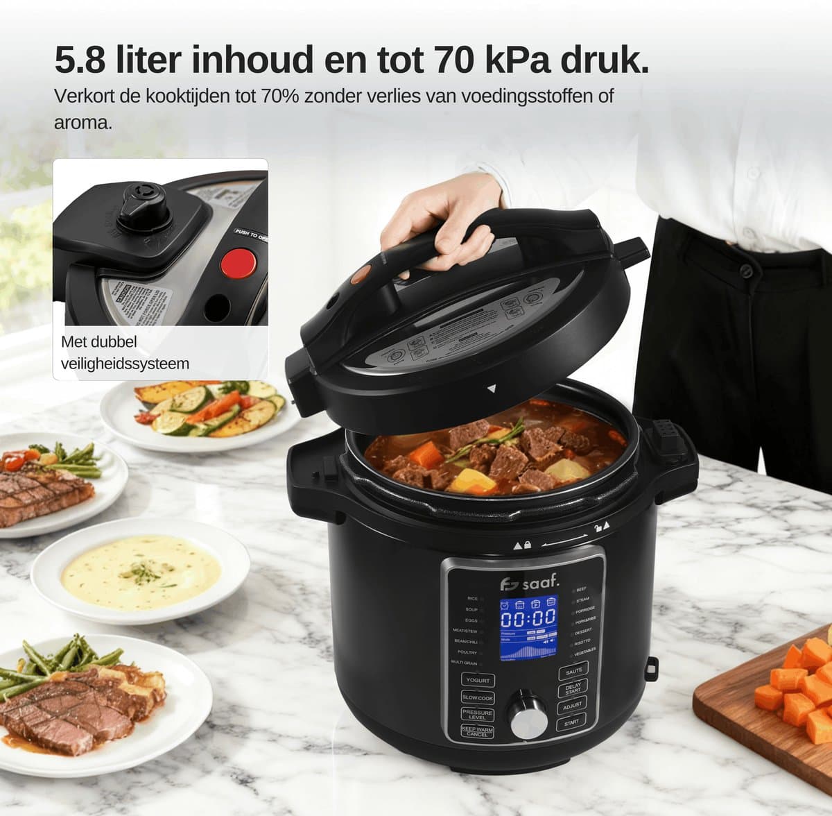 Multicooker Airfryer - 5.8L - PFAS vrij - Slowcooker met timer - Rijstkoker met stomer - Airfryer - Stomer - Snelkookpan - Saaf thumbnail 5