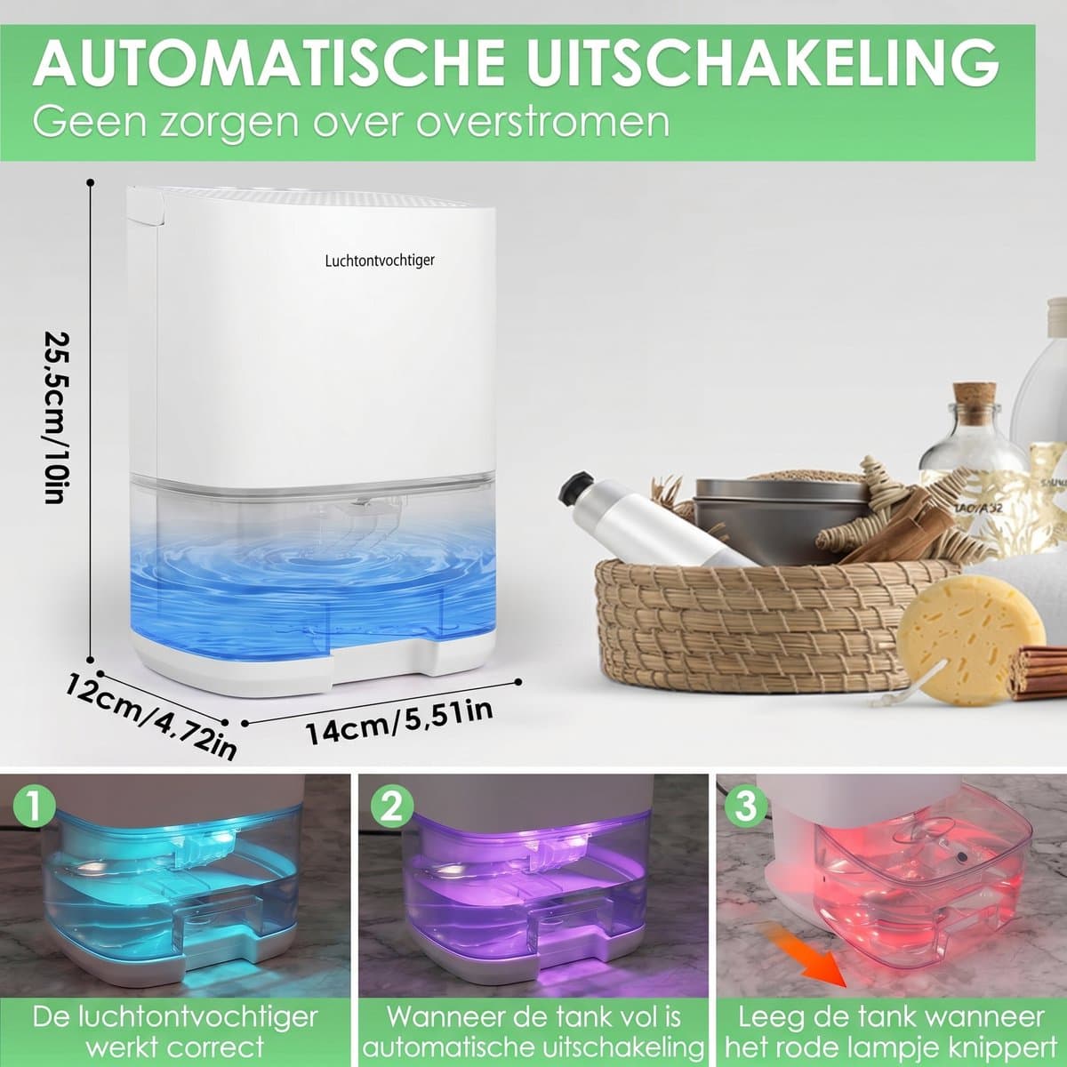 Dreamhigh® 1000 ml Luchtontvochtiger - Elektrische Ontvochtiger - Geruisloos en Efficiënt - Compact - ABS - Overloopbeveiliging - voor Slaapkamer en Badkamer - Ontvochtiging 350 ml/dag - Wit thumbnail 2