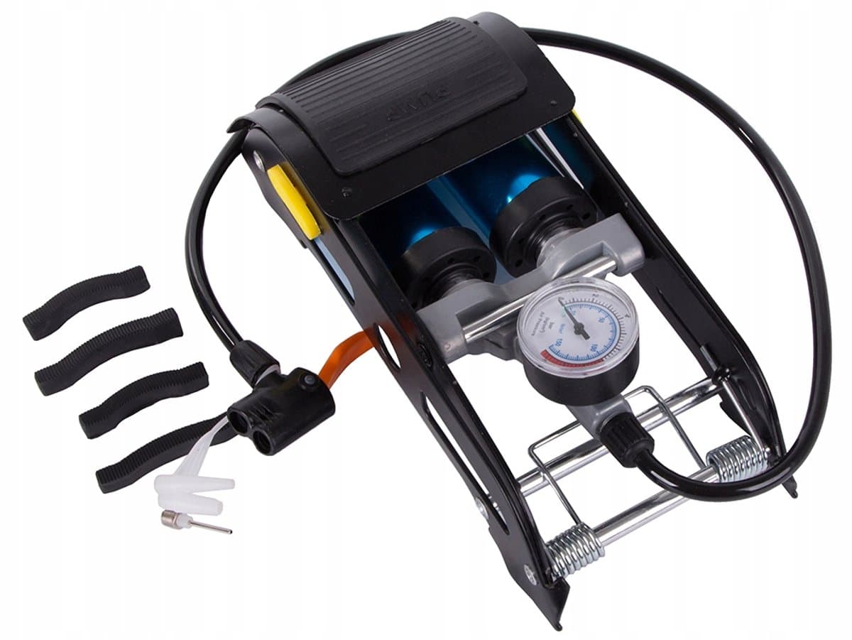 Dubbele Voetpomp met Manometer 150 PSI / 10 Bar – 2-Cilinder Fietspomp voor Auto, Motor, Fiets, Ballen en Luchtbedden – Inclusief 3 Opzetstukken – handmatige luchtpomp – auto accessoires – fiets accessoires – pomp met drukmeter – reispomp – 52656 thumbnail 7
