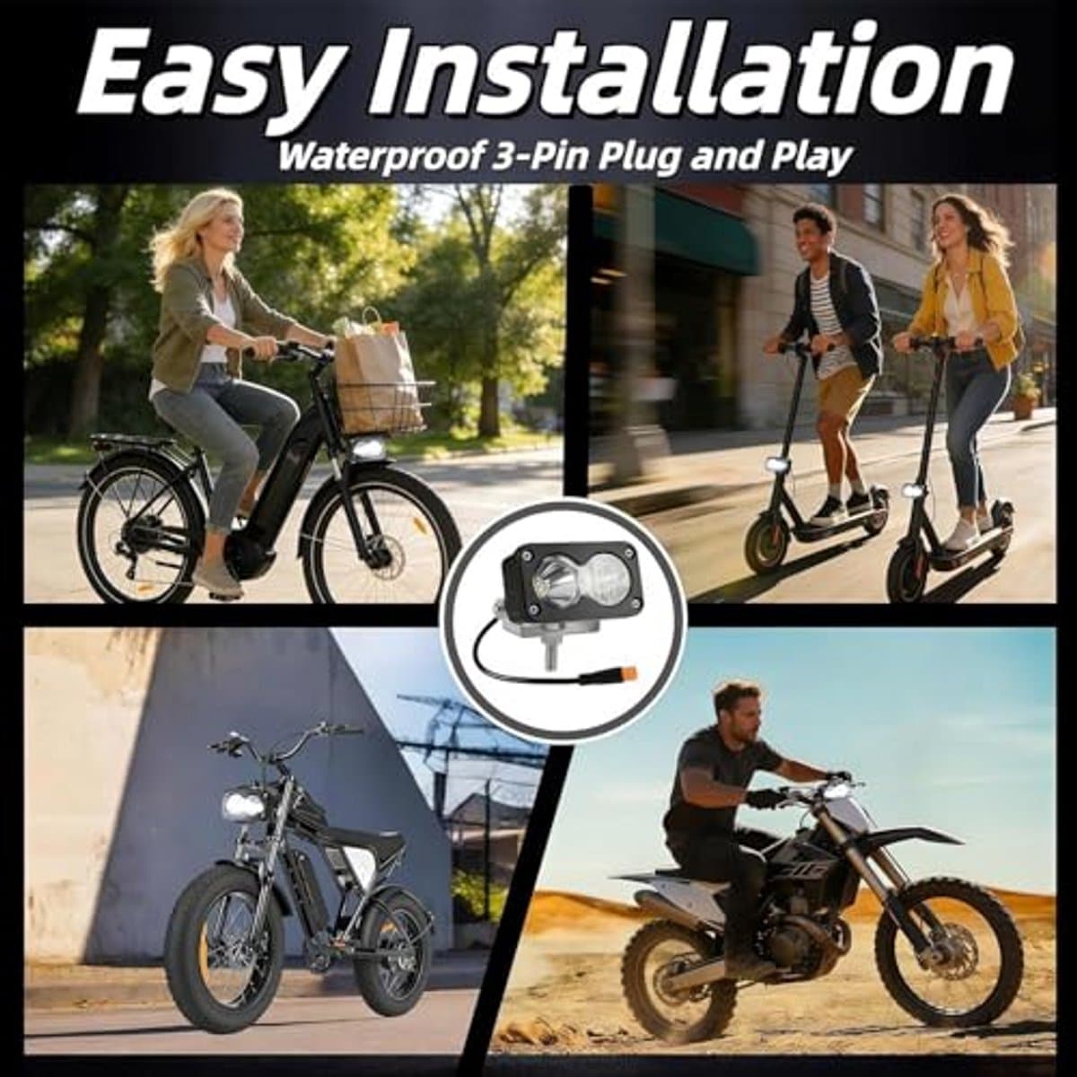 E-bike-koplamp in Baja-stijl for Ridstar Q20, 3-pins Julet Plug-and-Play, 6800K helder, 10V-80V breedspanning, 30W volledig aluminium off-road(Yellow light (extension cord)) thumbnail 3