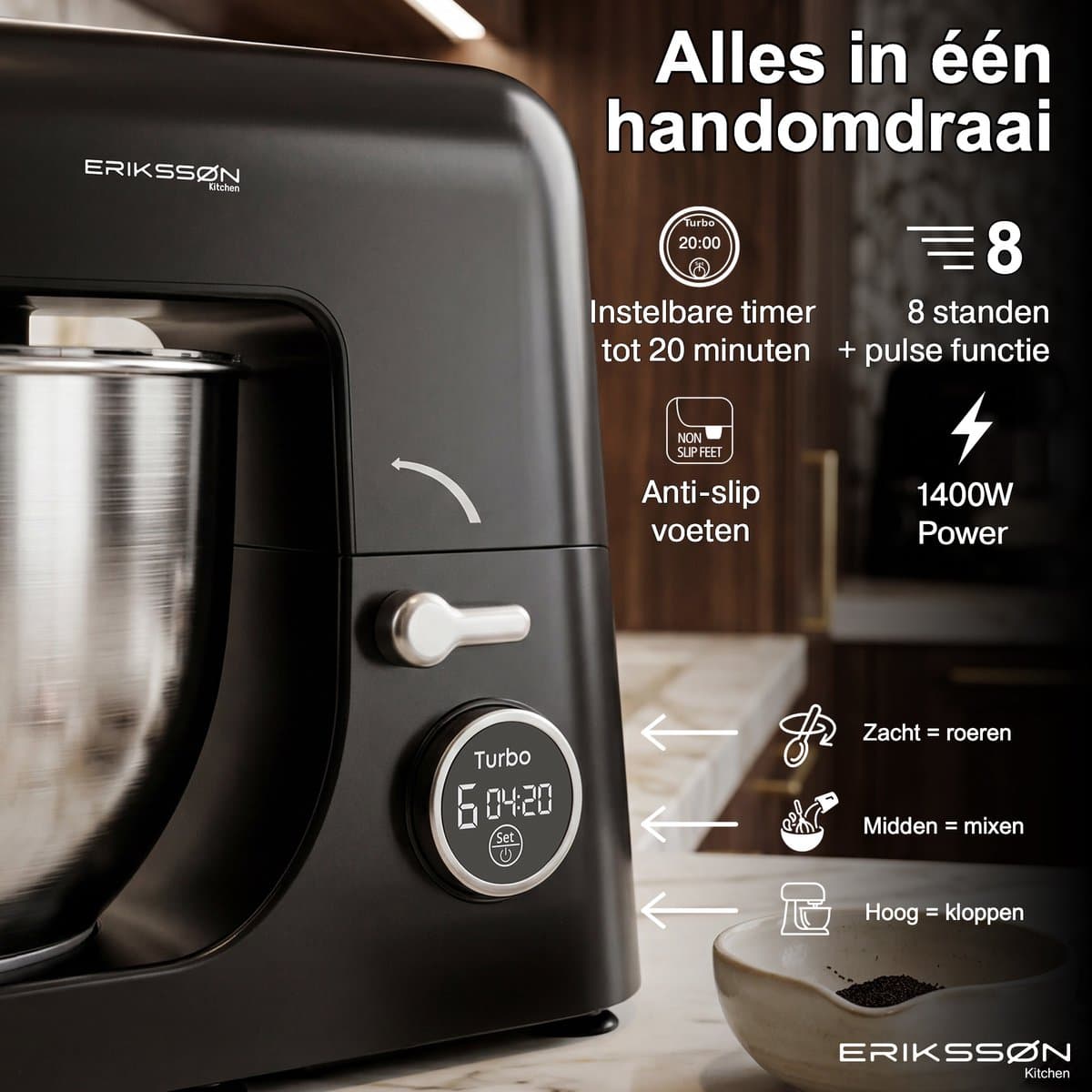 Erikssøn Kitchen Keukenmachine - 8 Snelheidsstanden Met Timer - 5L Mixer met Mengkom - 1400W - Keukenrobot - Keukenmixer - Foodprocessor - Zwart thumbnail 5