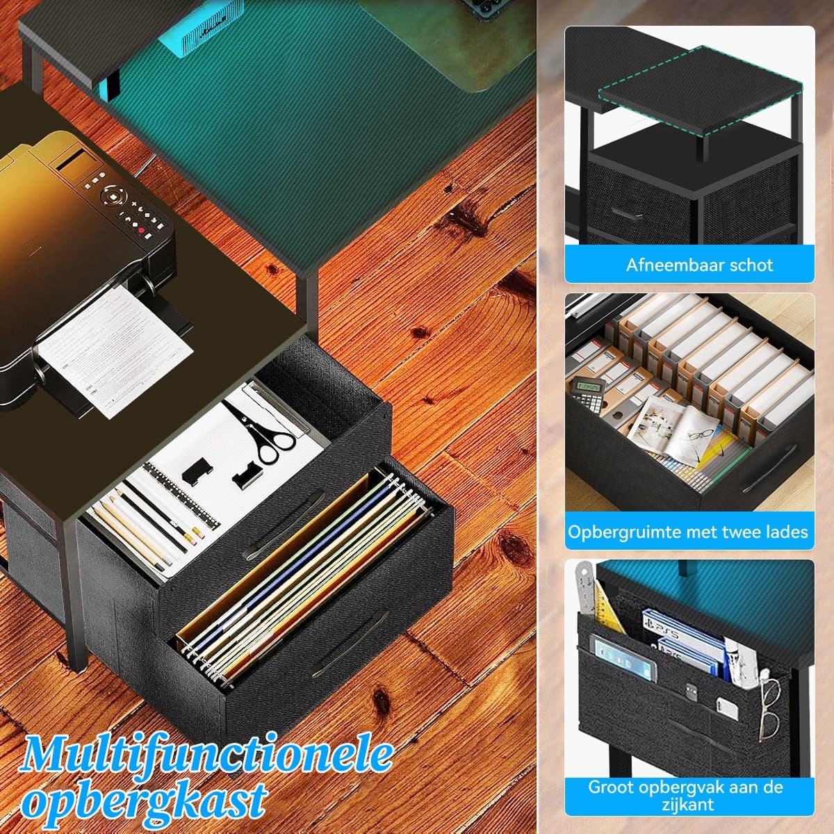 Gaming Bureau met LED Verlichting - 120x120x75cm - L-Vormig Game Bureau met Stopcontact - 2 Non Woven Lade - Gaming Desk - Computer Tafel - Gaming Tafel - Bureau voor Gamen, Studeren en Werken - Zwart thumbnail 7