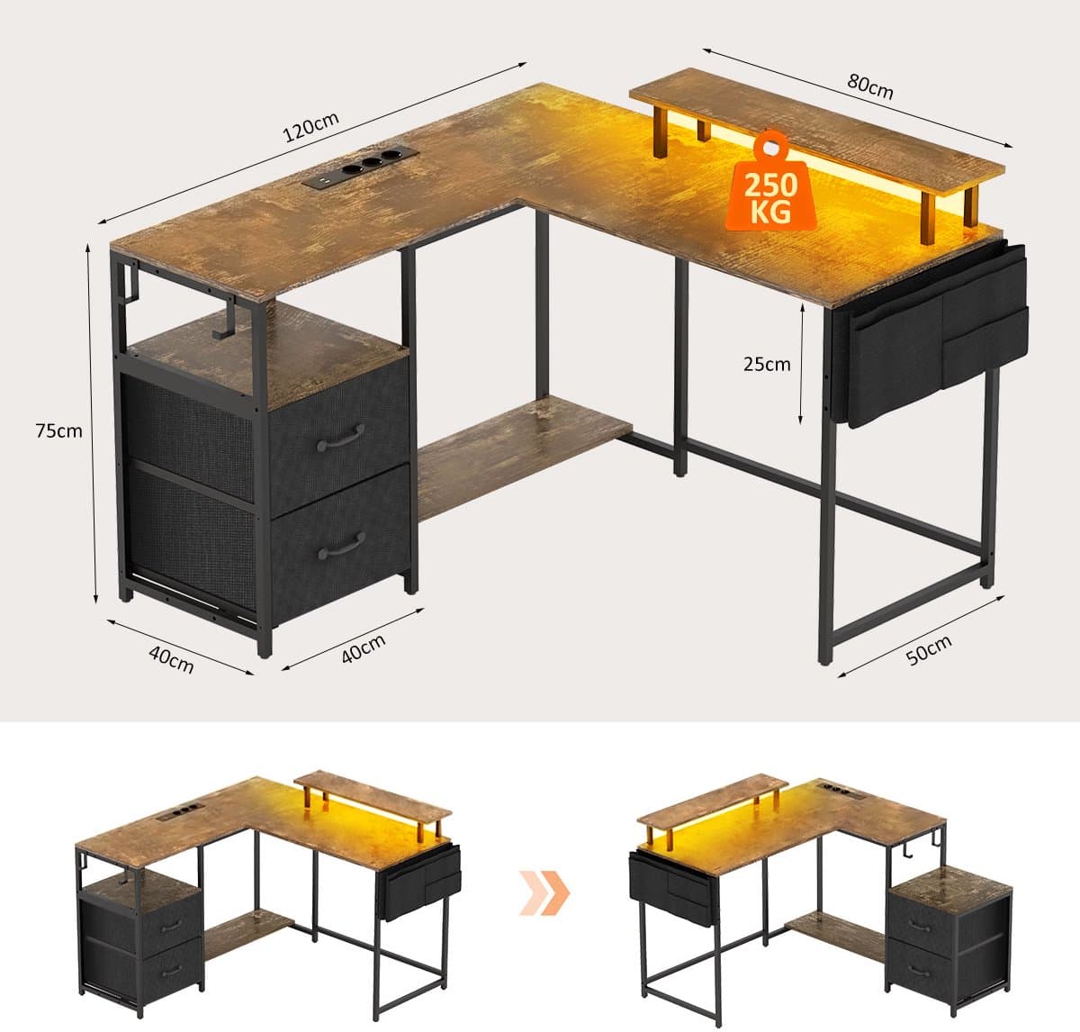 Gaming Bureau met LED Verlichting - 120x120x75cm - L-Vormig Game Bureau met Stopcontact - 2 Non Woven Lade - Gaming Desk - Computer Tafel - Gaming Tafel - Bureau voor Gamen, Studeren en Werken - Vintage Bruin thumbnail 2