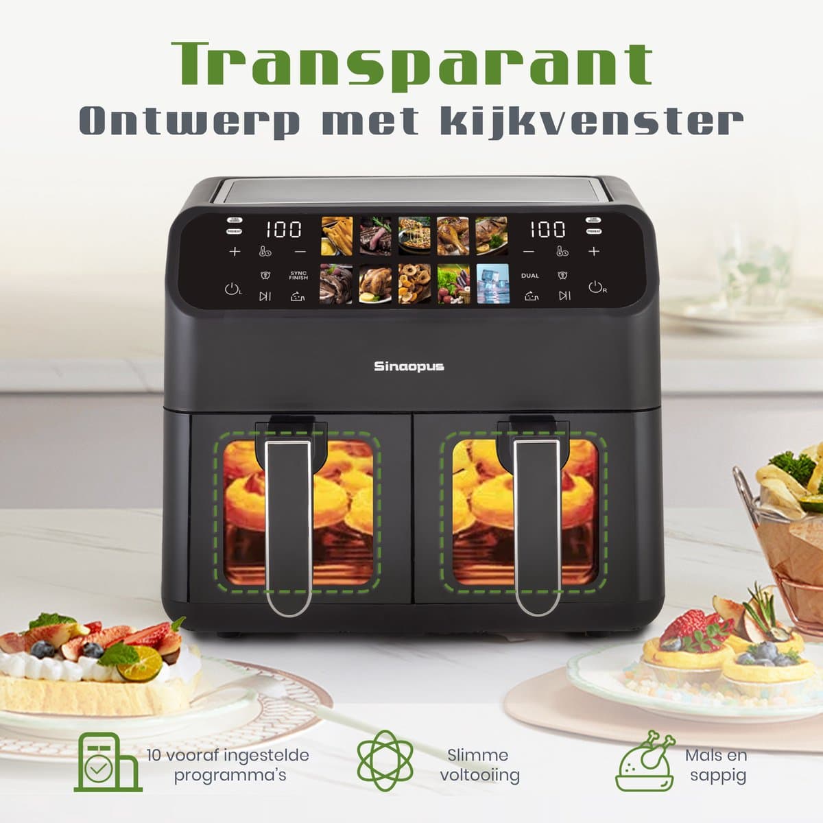 Dubbele Airfryer 901A XXL 10L - Digitale Airfryer 2×5L - 2000W - 10 Programma’s - Smart Finish & Match Cook - 80–200°C Instelbaar - Makkelijk te Reinigen – Capaciteit voor 5 Personen thumbnail 3