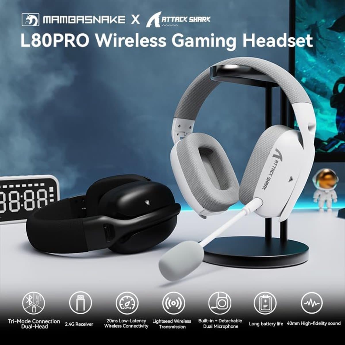 Attack Shark L80 PRO - Gaming Headset - Draadloos - 7.1 Surround Sound - Tri-Mode (2.4G/BT/3.5mm) - Dubbele Microfoon - 40mm Driver - Ultralicht 203g - PC/PS5/Xbox/Switch - Wit thumbnail 7