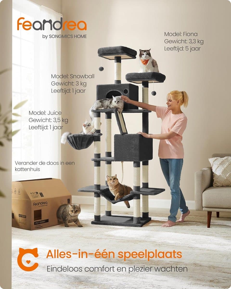 Feandrea krabpaal groot, 206 cm hoog, XXL krabpaal, met 13 krabpalen, 2 platformen, 2 grotten, mand, hangmat, pluche ballen, multi-stapel kattenkrabpaal, inkt zwart PCT190B01 thumbnail 6