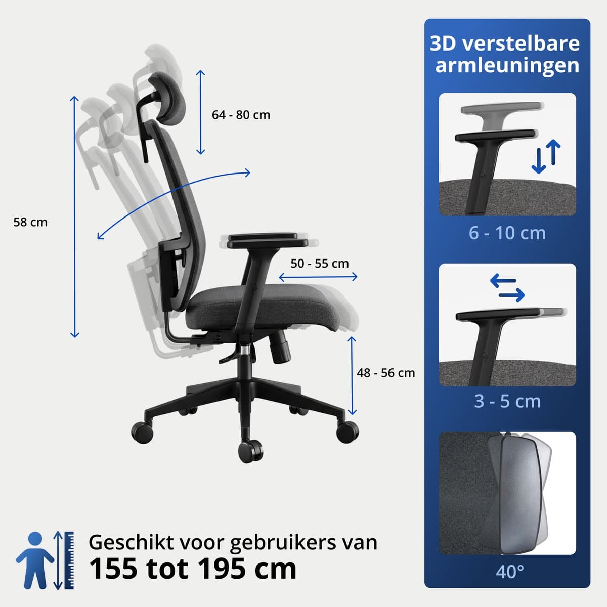 Backerz Ergonomische Bureaustoel - Bureaustoelen voor Volwassenen tot 160kg - Fabric Office Chair - NEN-EN1335 thumbnail 2