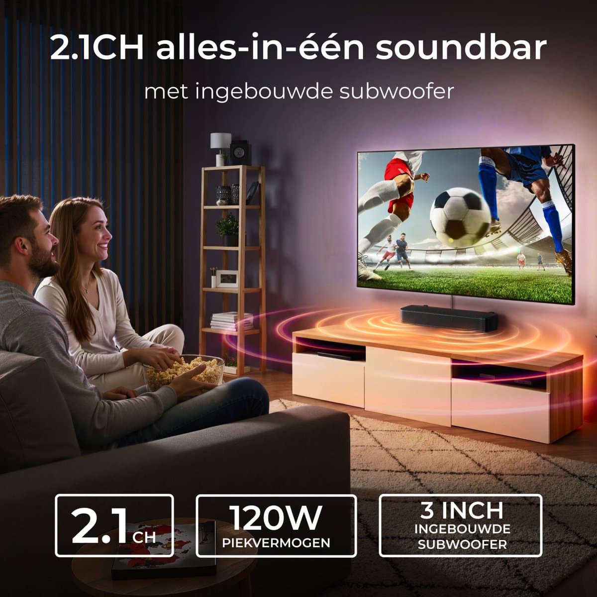 ULTIMEA 2.1-kanaals compacte soundbar voor tv, 3-inch ingebouwde subwoofer, 120 W piekvermogen, alles-in-één pc-soundbar voor gaming, Bluetooth 5.4, Poseidon M20 thumbnail 2