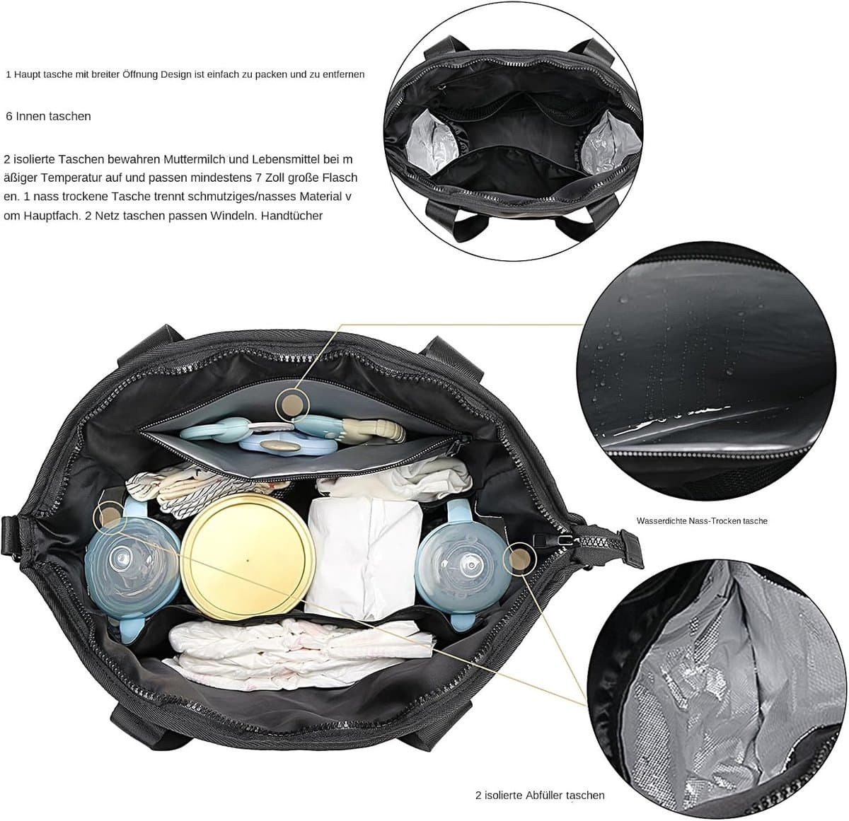 Luiertas Tote - Waterdichte Opbergtas – Multifunctionele draagtas met schouderband - ruim voor kleding & reisbenodigdheden – Zwart thumbnail 5