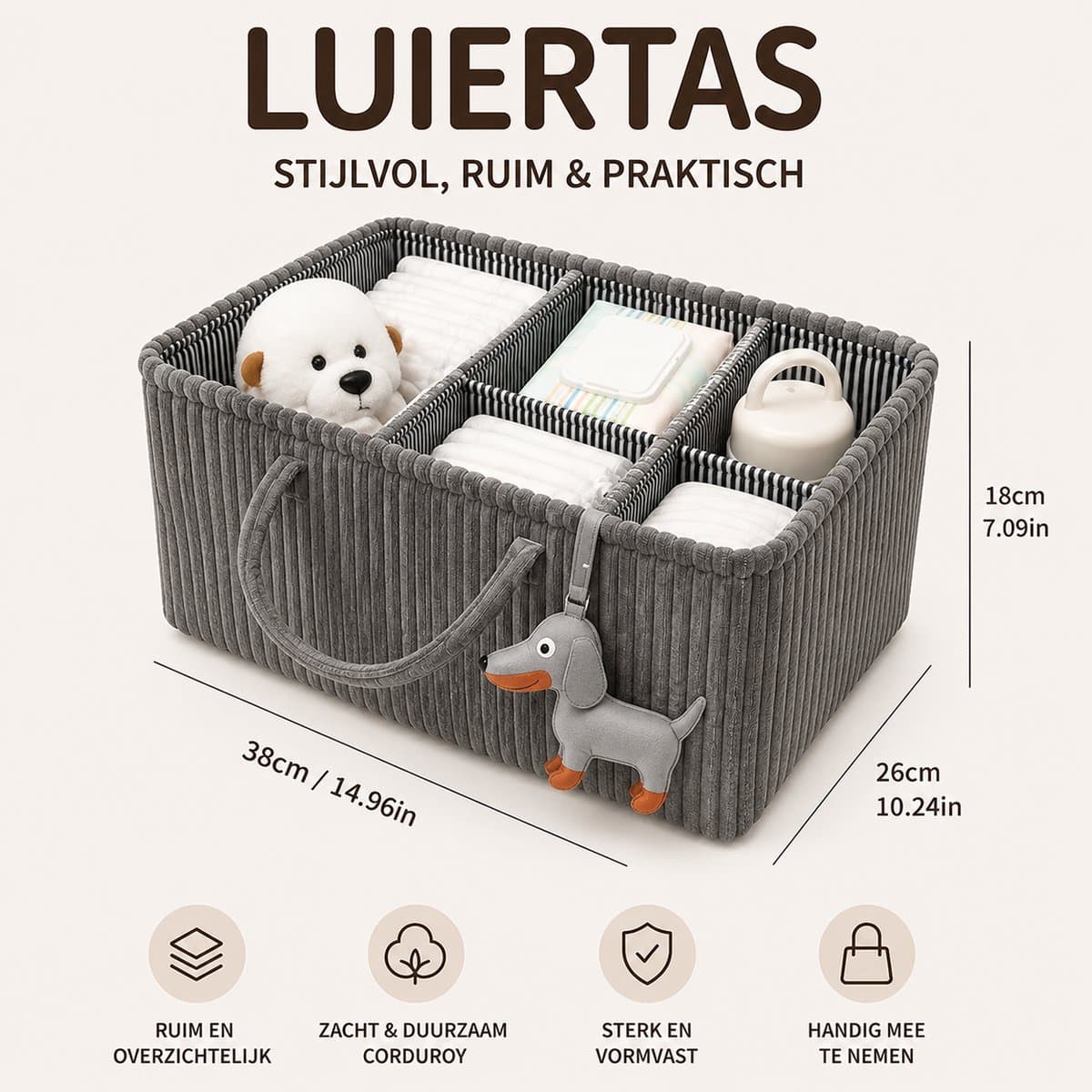 Opvouwbare Luiertas Organizer Bruin - Corduroy Luiermand met Vakken en Verdelers - Baby Opbergmand voor Luiers, Doekjes en Accessoires - Draagbare Nursery Caddy - Grijs thumbnail 3