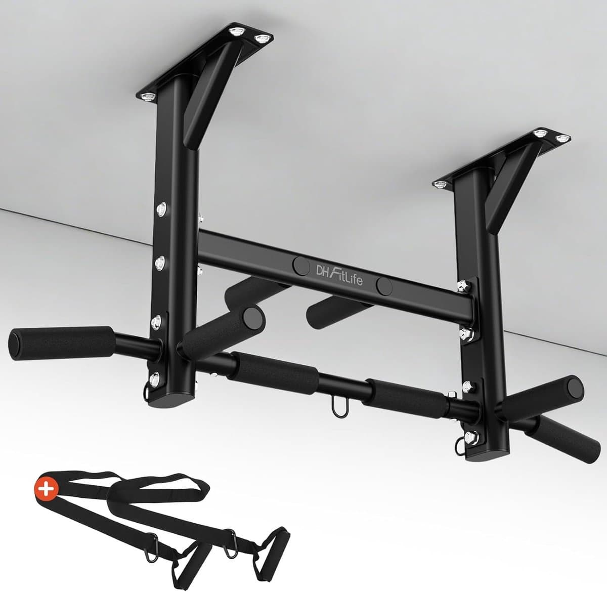DH FitLife Pull-up Bar - 4-in-1 plafondmontage - Multifunctionele thuis pull-up bar voor krachttraining - 8 antislip handgrepen - 3 oogjes voor bokszak & suspension trainer, stabiel tot 200 kg - afbeelding 1