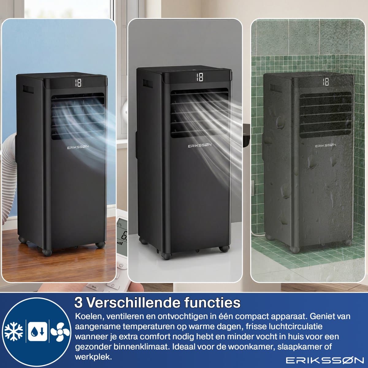 Erikssøn Mobiele Airco - 10.000 BTU - Incl. Raamafdichtingskit - Tot 30m² - 4-in-1 - Airconditioning - Ventilator - Ontvochtiger - Zwart thumbnail 7