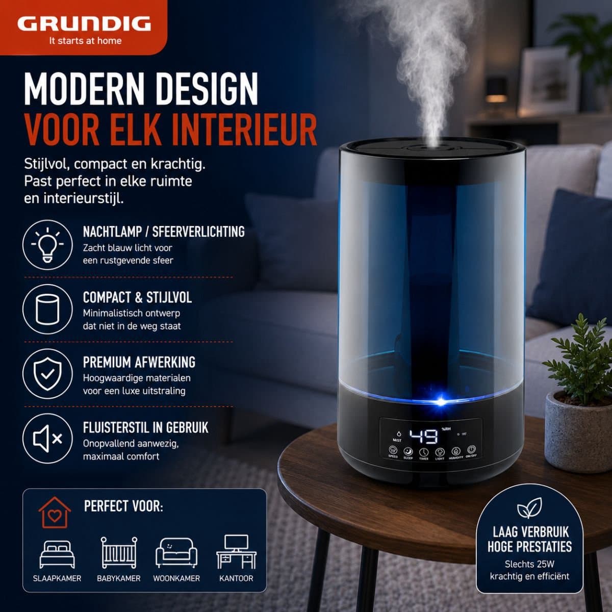 Grundig Luchtbevochtiger HD-1903A - Ultrasone Lucht Bevochtiger 4,3L - met Timer en Nachtlamp - Incl. Afstandsbediening - Zwart thumbnail 8
