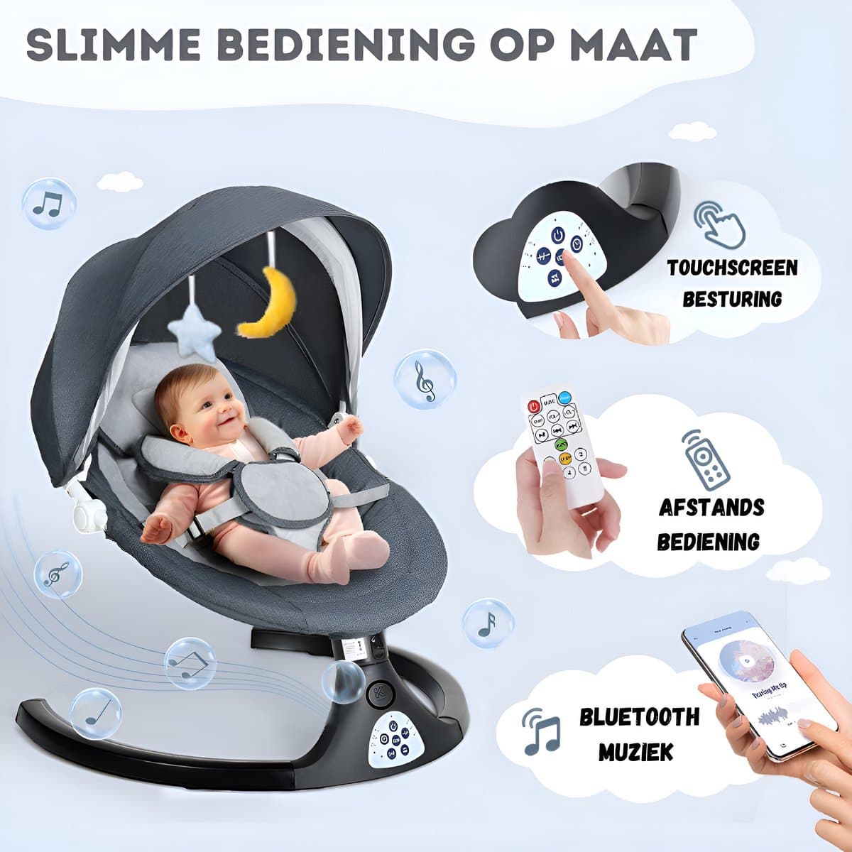 Khido® Elektrische Wipstoel - met Timer Afstandsbediening Bluetoothmusic - 5 Zwenksnelheden en 3 Zitposities - Babyschommel - Donkergrijs thumbnail 8