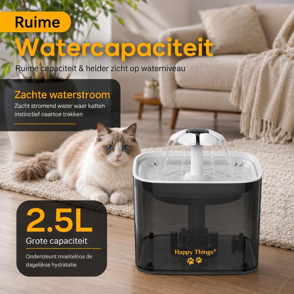 Happy Things - Drinkfontein Hond en Kat - Geruisloos - 2.5 L - Transparant Zwart met Goud - incl 4 Filters thumbnail 7