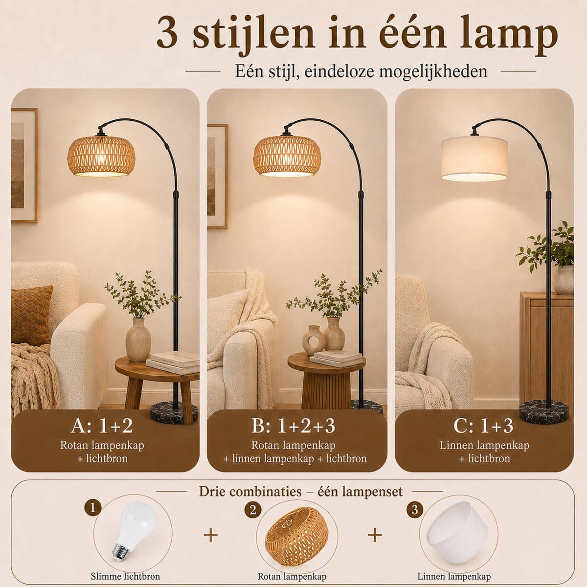 MUPOO Boho Rotan vloerlamp Booglamp 185cm-Staande Lamp Dimbaar met APP Afstandsbediening -booglamp met 360° Draaibare Arm & Hoogte Verstelbaar en Voetschakelaar -Sfeerverlichting leeslamp staand voor Woonkamer Slaapkamer Kantoor thumbnail 7