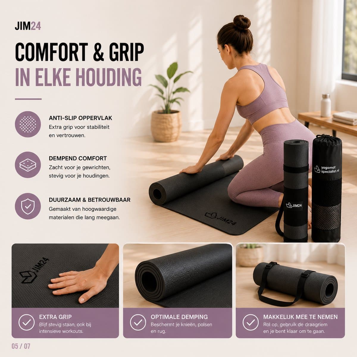 Jim24 Yogamat - Yoga Mat Antislip - Fitness Mat - Sportmat - Pilates Mat - Slijtvast - Extra Dikke Gym Mat - Duurzaam TPE - Incl. Draagtas en Riem - Zwart thumbnail 7