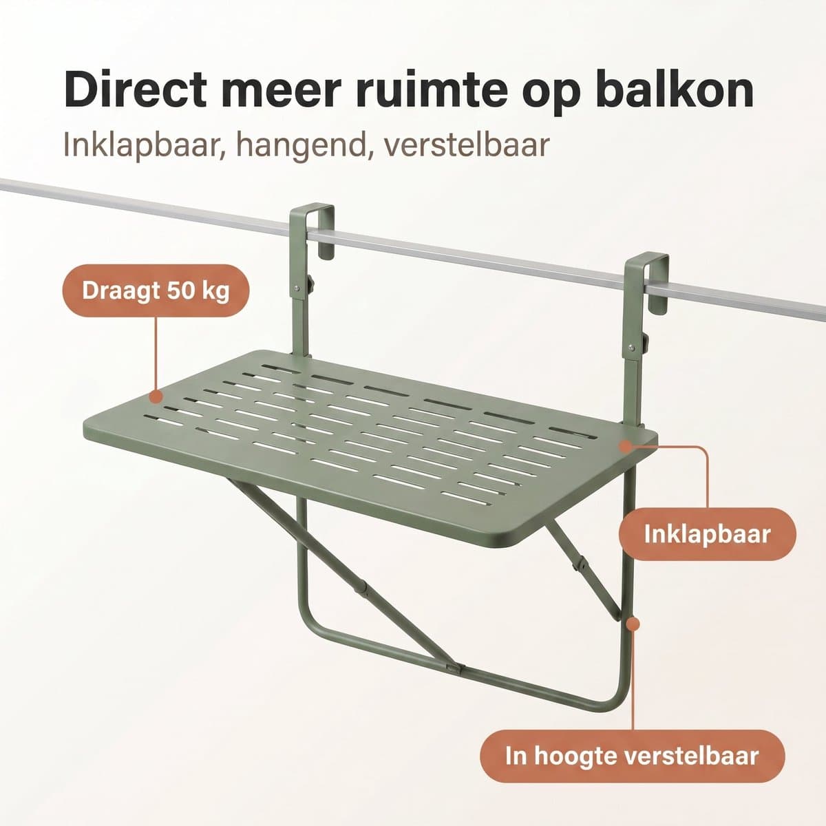 Lomera Balkontafel Hangend - Inklapbare Hangtafel voor Balkon - Klaptafel in Hoogte Verstelbaar - Opklapbare Balkonbar - Balkon Tafel voor Reling - Wandtafel - Bijzettafel Buiten - Vouwtafel Ophangbaar voor Balkonrek - Mat Groen thumbnail 4