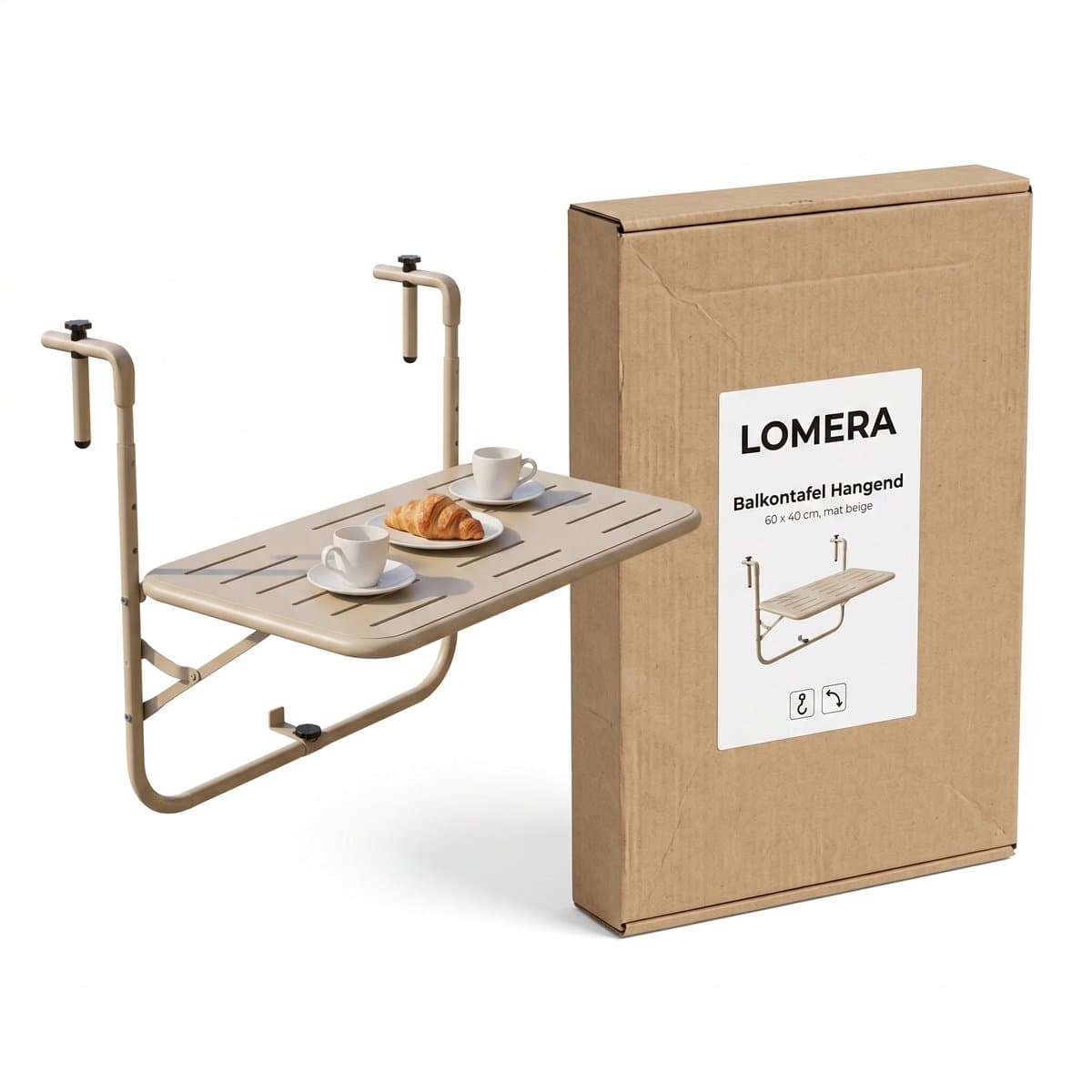 Lomera Balkontafel Hangend - Inklapbaar - Hangtafel - Klaptafel - Balkon Tafel voor Reling - in Hoogte Verstelbaar - Opklapbaar - Balkonbar - Bijzettafel Buiten - Weerbestendig - Tuintafel - Mat Beige thumbnail 7