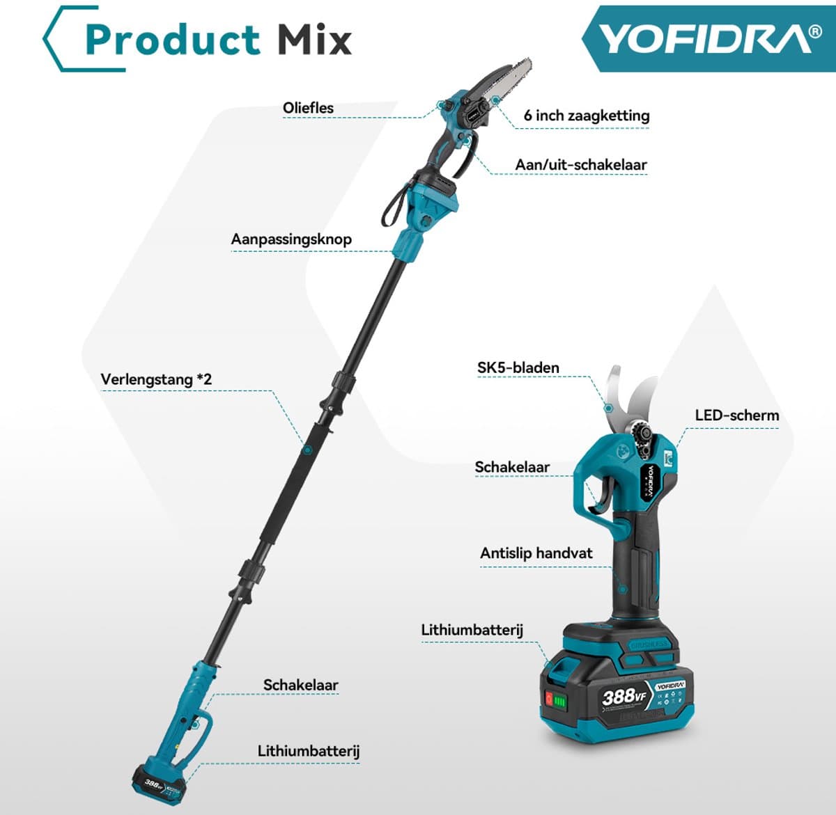 Yofidra Accu Hoogsnoeier - 4-in-1 Hoogsnoeier Kettingzaag + Telescopische Steel - Elektrische Snoeischaar - 1 m tot 2 m - Brushless - Met 2 Accus - voor boomtakken, houtzagen thumbnail 7