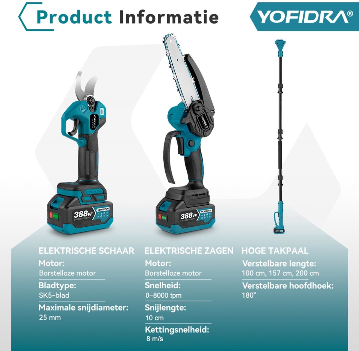 Yofidra Accu Hoogsnoeier - 4-in-1 Hoogsnoeier Kettingzaag + Telescopische Steel - Elektrische Snoeischaar - 1 m tot 2 m - Brushless - Met 2 Accus - voor boomtakken, houtzagen thumbnail 2