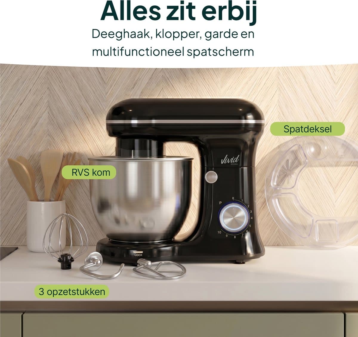 Vivid Green 1500W Keukenmixer - 5L Mengkom - 10 Snelheden - Keukenmachine - Keukenrobot - Zwart thumbnail 2