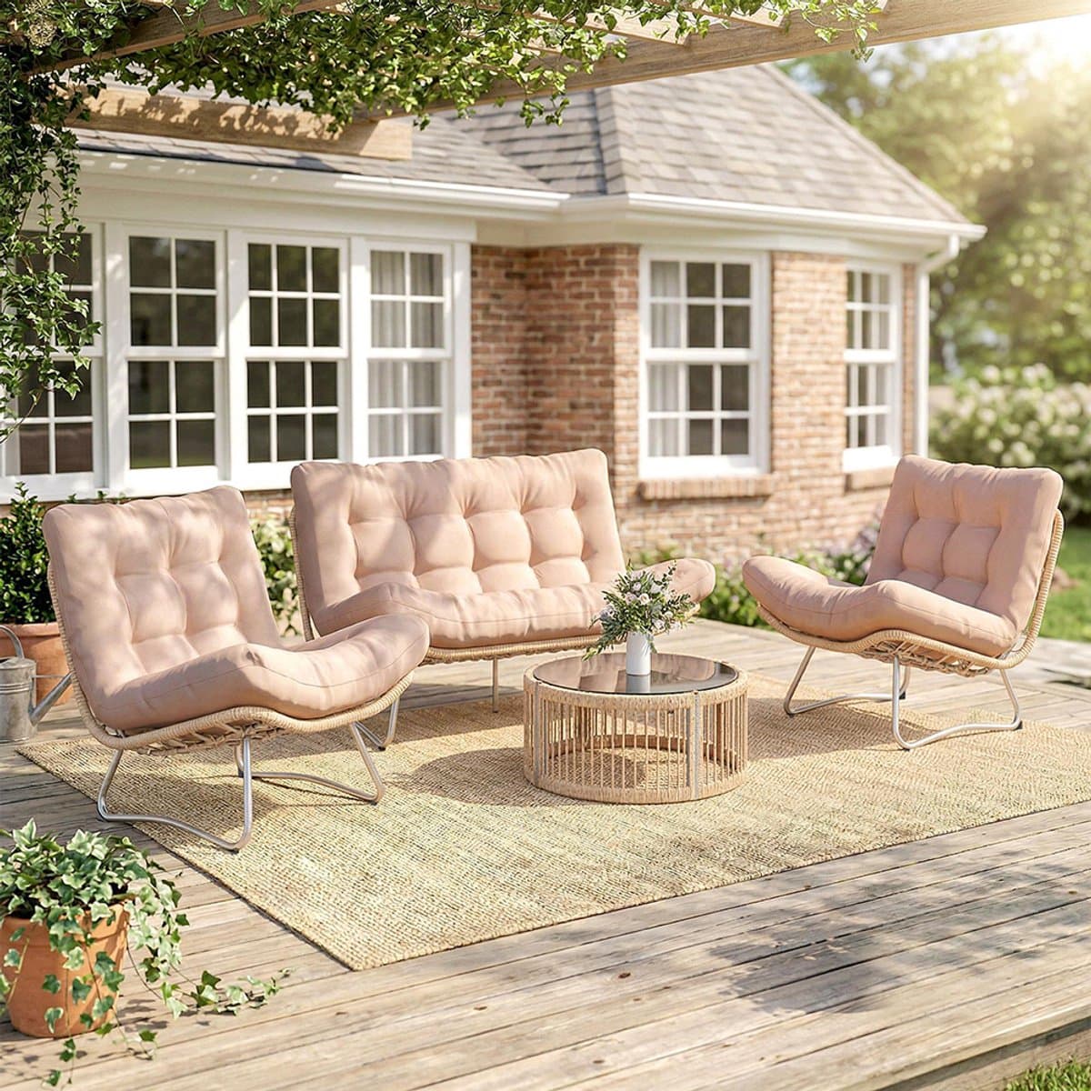 Pugsdrly Tuinset 4-delig polyrotan loungeset met tweezitsbank, 2 fauteuils, glazen tafel, brede & diepe zitting, dikke kussens