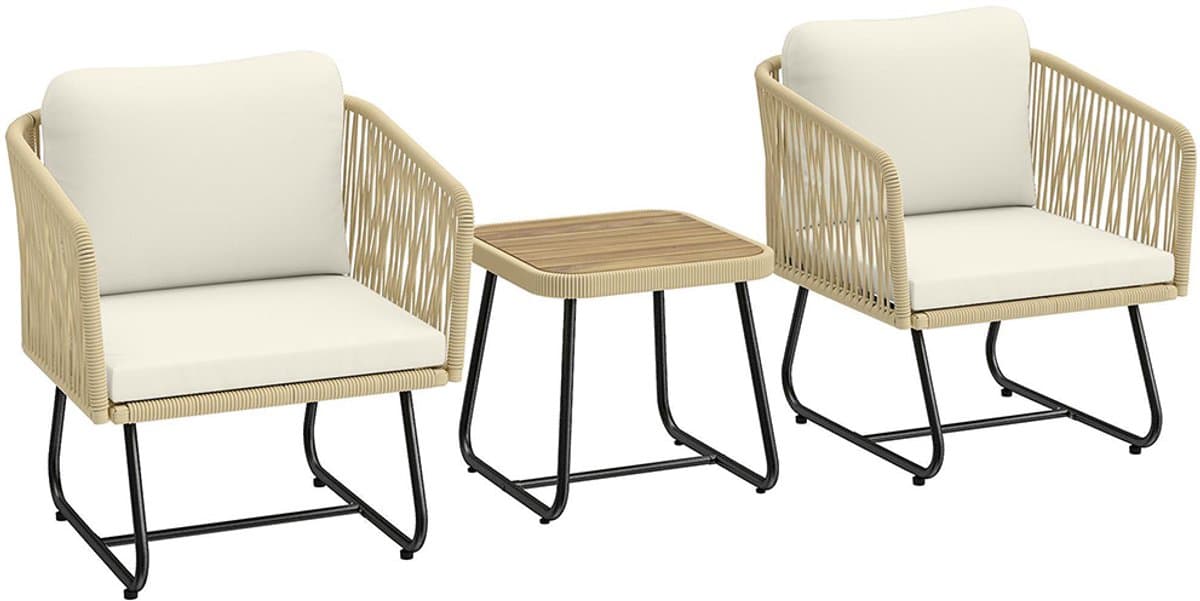 Pugsdrly Rotan bistroset 3-delige FSC-tuinsetset met 2 fauteuils, lamellenhouten tafel, dikke wasbare kussens, stalen frame thumbnail 2