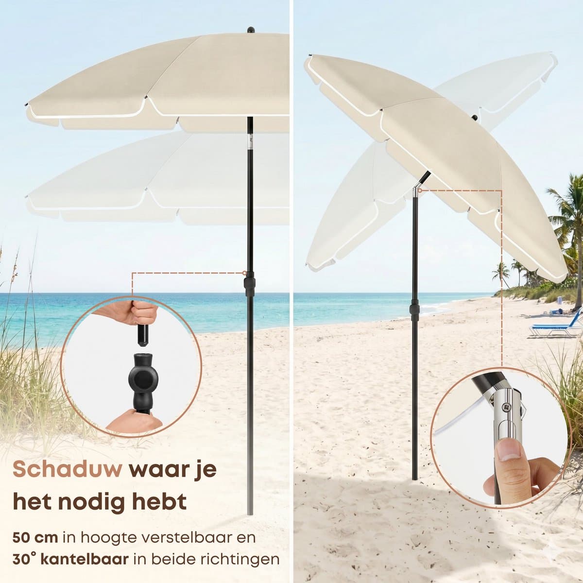 ACAZA Parasol - Strandparasol - Beige - 200 cm diameter - inclusief Draagtas - Rond - Tuinparasol - Kantelbaar - Waterdicht - Terras Parasol voor Appartement - Parasol Strand - Tot 3 Personen thumbnail 6