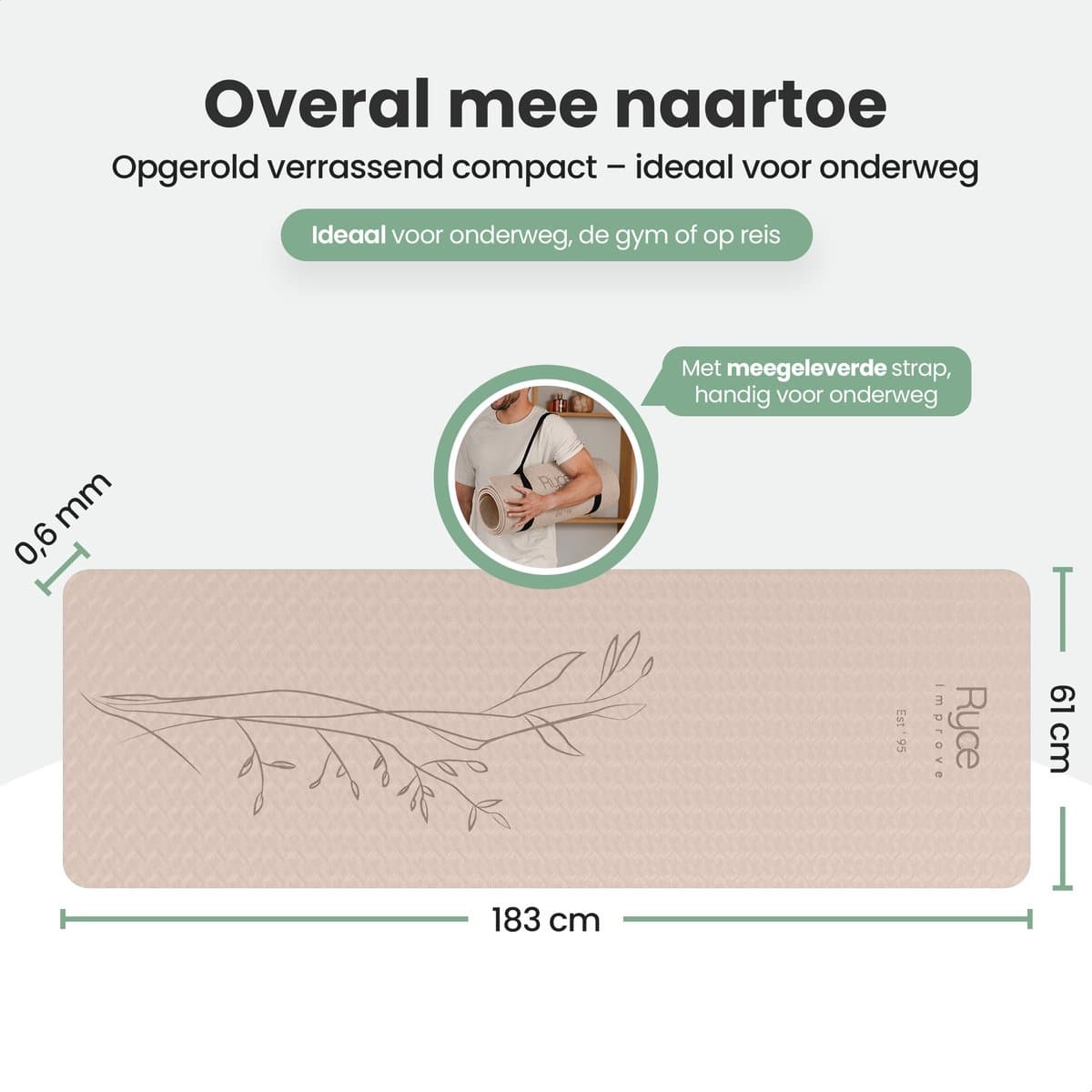 Ryce® Improve Yogamat - Pilates - Fitness - Anti Slip - Extra Dik - 183x60x0,6 cm - Zandkleur thumbnail 5