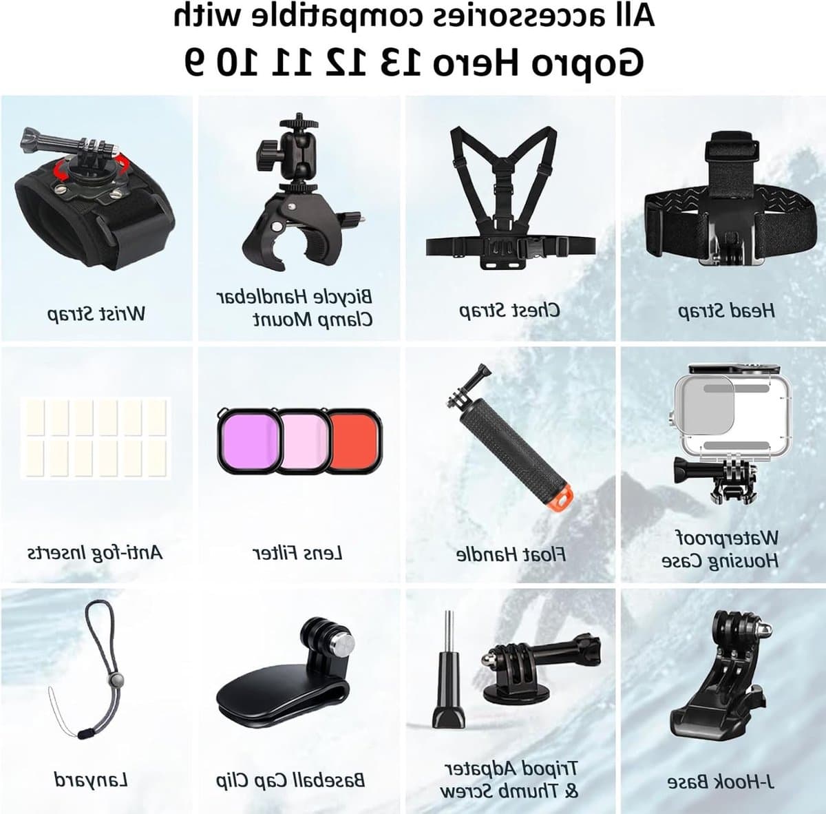 Complete Accessoire Set voor GoPro Hero 13, 12, 11, 10, 9 - Waterdichte Duikbehuizing, Drijvende Handgreep, Borstband, Hoofdband, Polsband, Fence Klem, Cap Klem, Rode Filter en Anti-fog Inserts voor Onderwateravonturen thumbnail 3