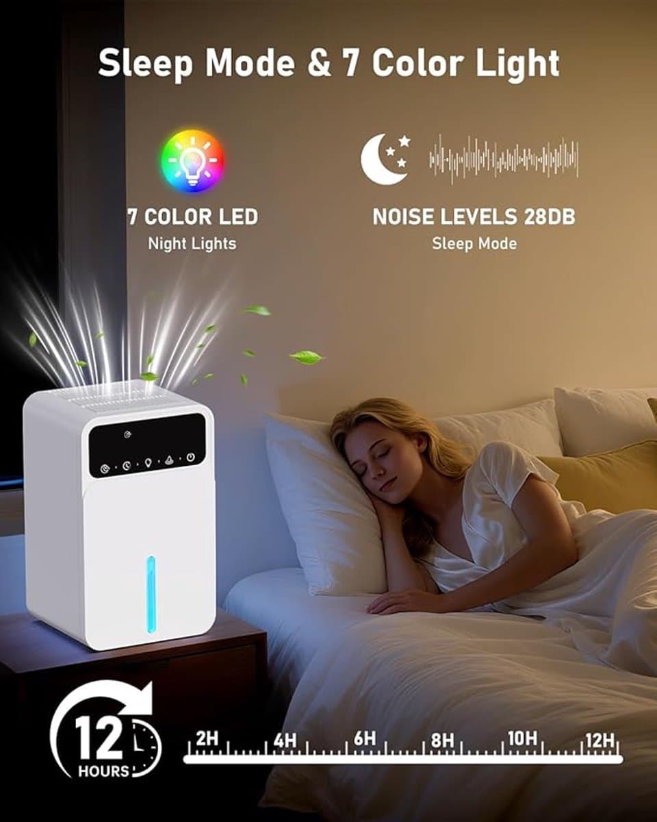 Luchtontvochtiger 1200ML, draagbare luchtontvochtiger met 7-kleuren LED-verlichting, automatische ontdooiing en automatische uitschakeling, huishoudelijke ontvochtiger thumbnail 5