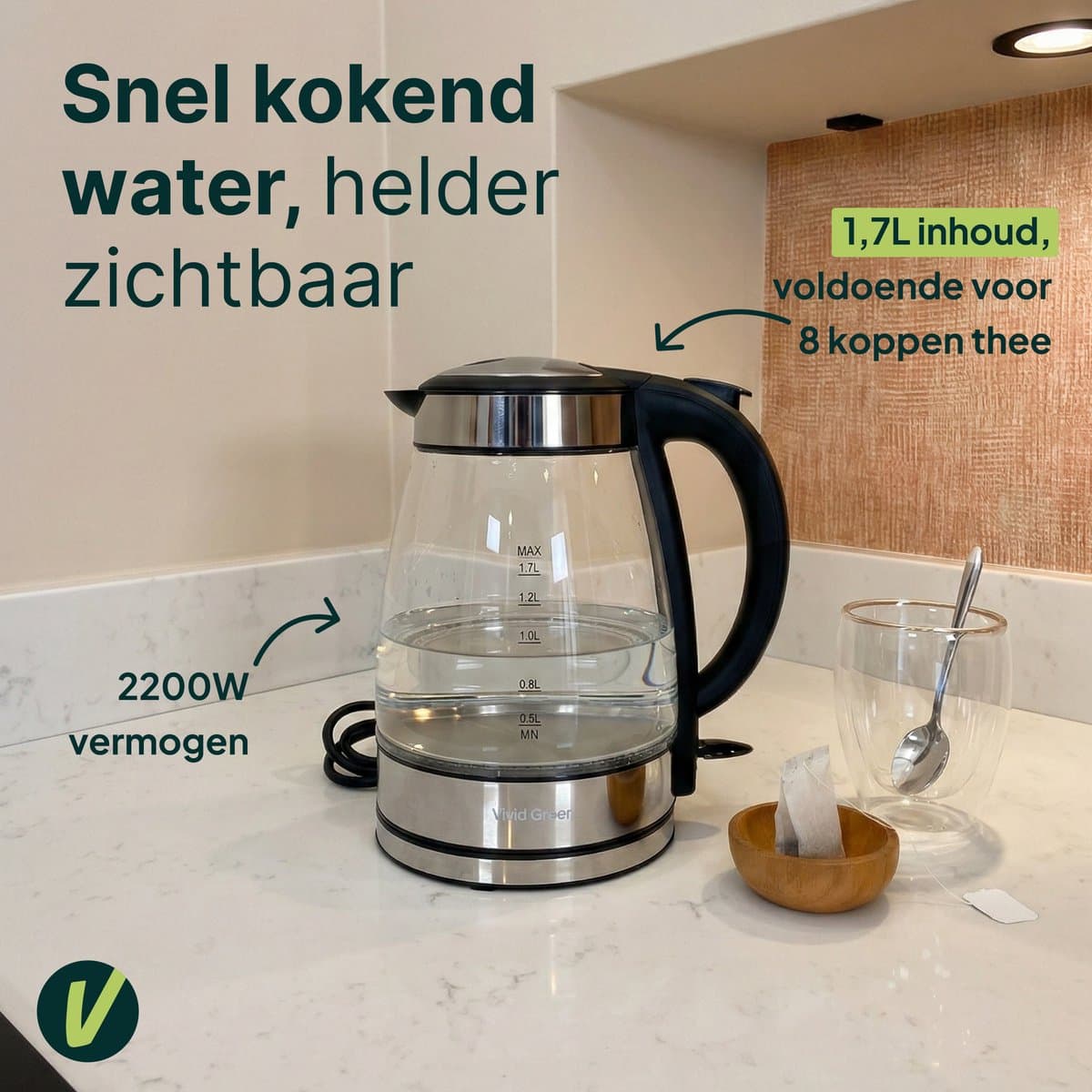 Vivid Green Glazen Waterkoker - 1.7L – 2200W - PFAS-vrij - Kalkfilter - Led Verlichting - Glas thumbnail 2