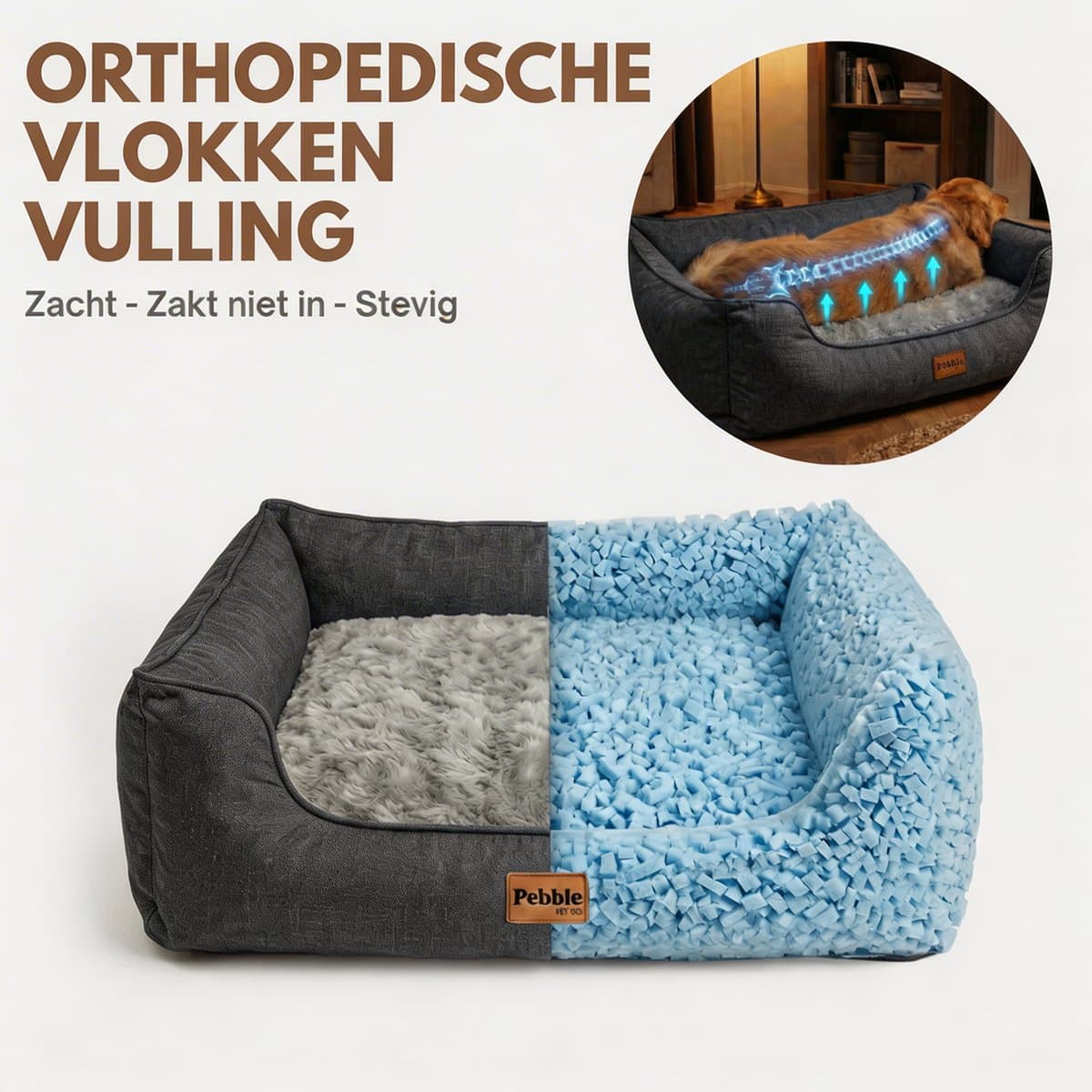 Pebble hondenmand 65 x 56 cm - Grijs - Orthopedisch Wasbaar Hondenbed - M - Stevige hondenmand - Ondersteunend - Hondenkussen thumbnail 6