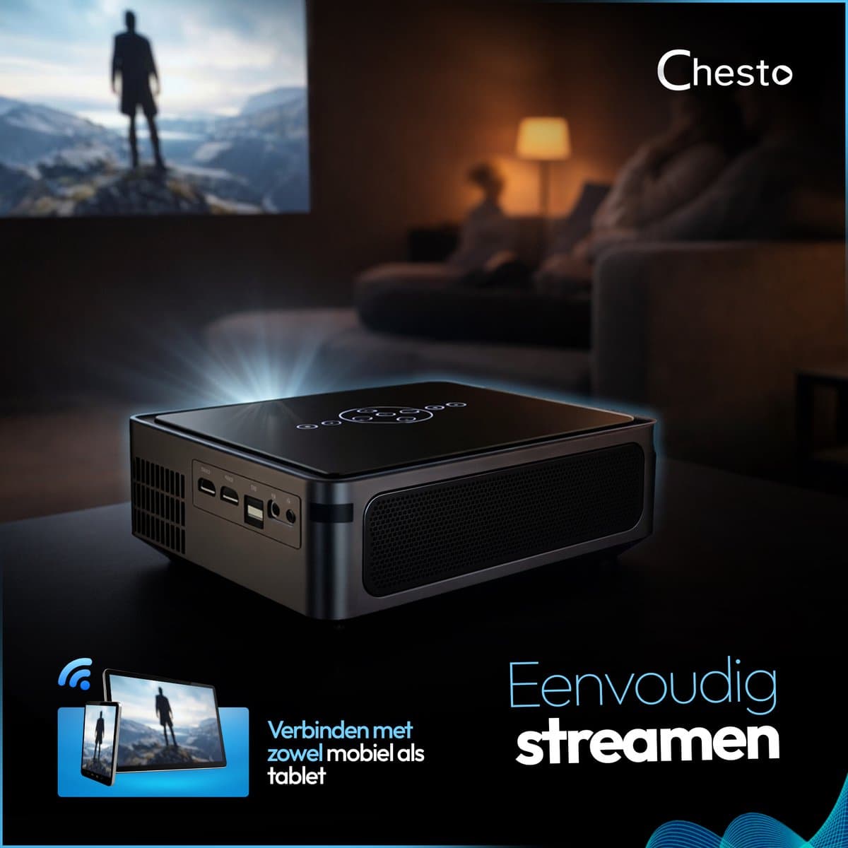 Chesto Beamer Full HD PRO Android (8K-Ondersteuning) - 12.000 lumen - Dolby Audio - Autofocus - Inclusief draagtas - Streamen vanaf je telefoon met wifi thumbnail 3