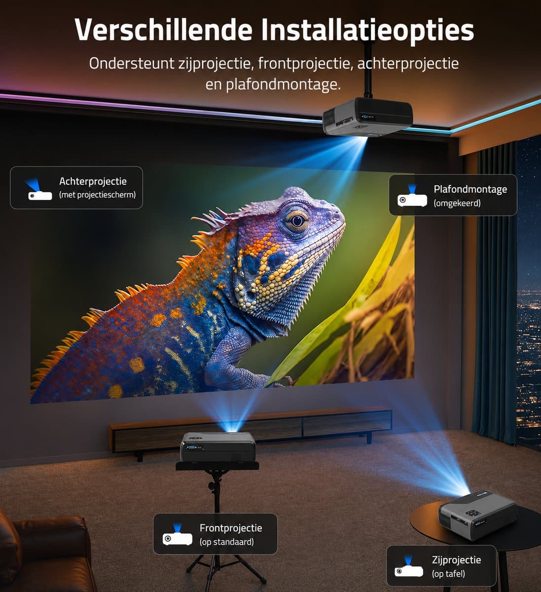 Lumistar® A8 Google TV Beamer - Officiële Google TV licentie - Ingebouwde Chromecast - Full-HD Beamer - Thuisbioscoop met 1500 ANSI - HDR + Dolby DTS Audio - WiFi & Bluetooth - Mini Beamer - Projector thumbnail 3