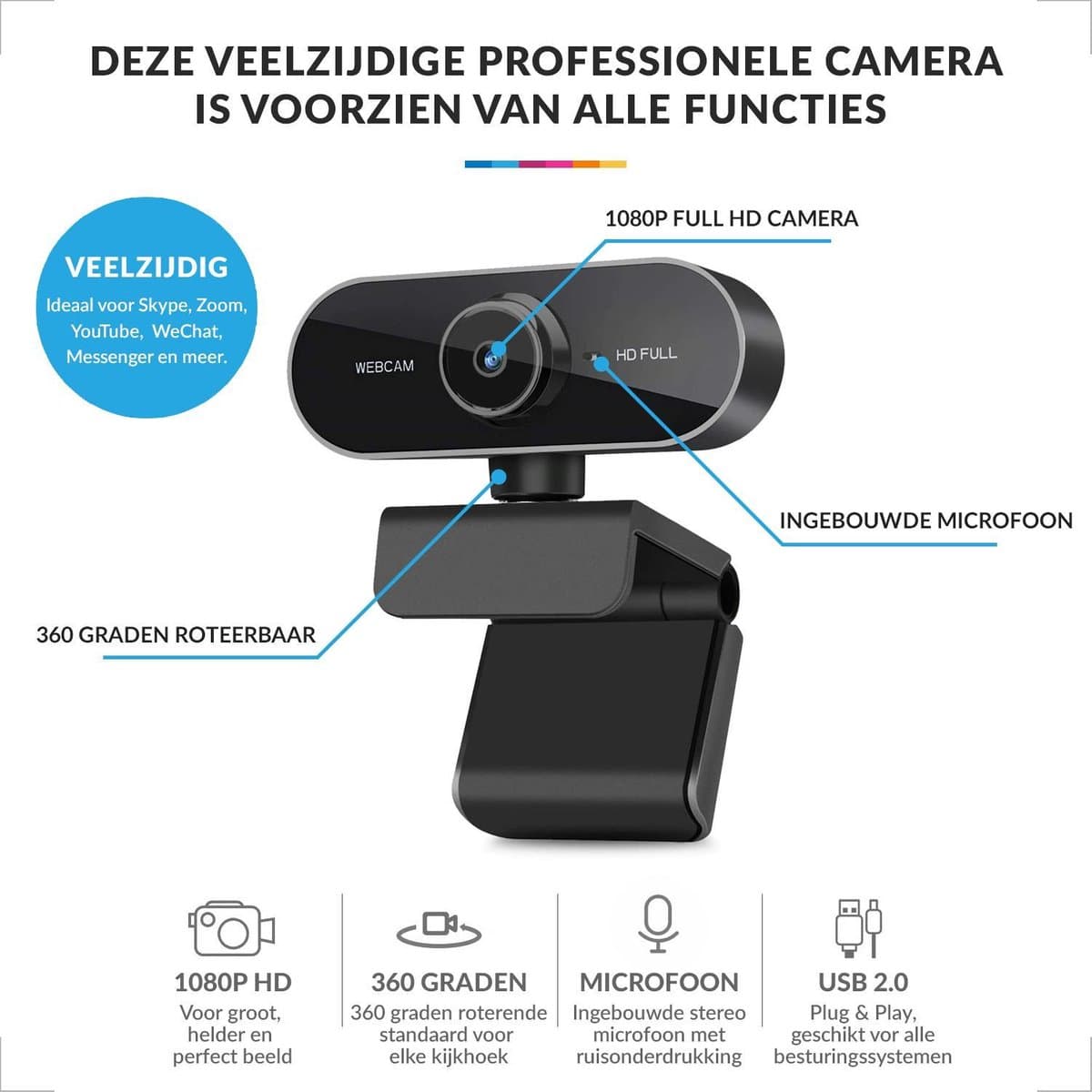 YONO YONO Webcam 1080P Full HD met microfoon - zwart thumbnail 3