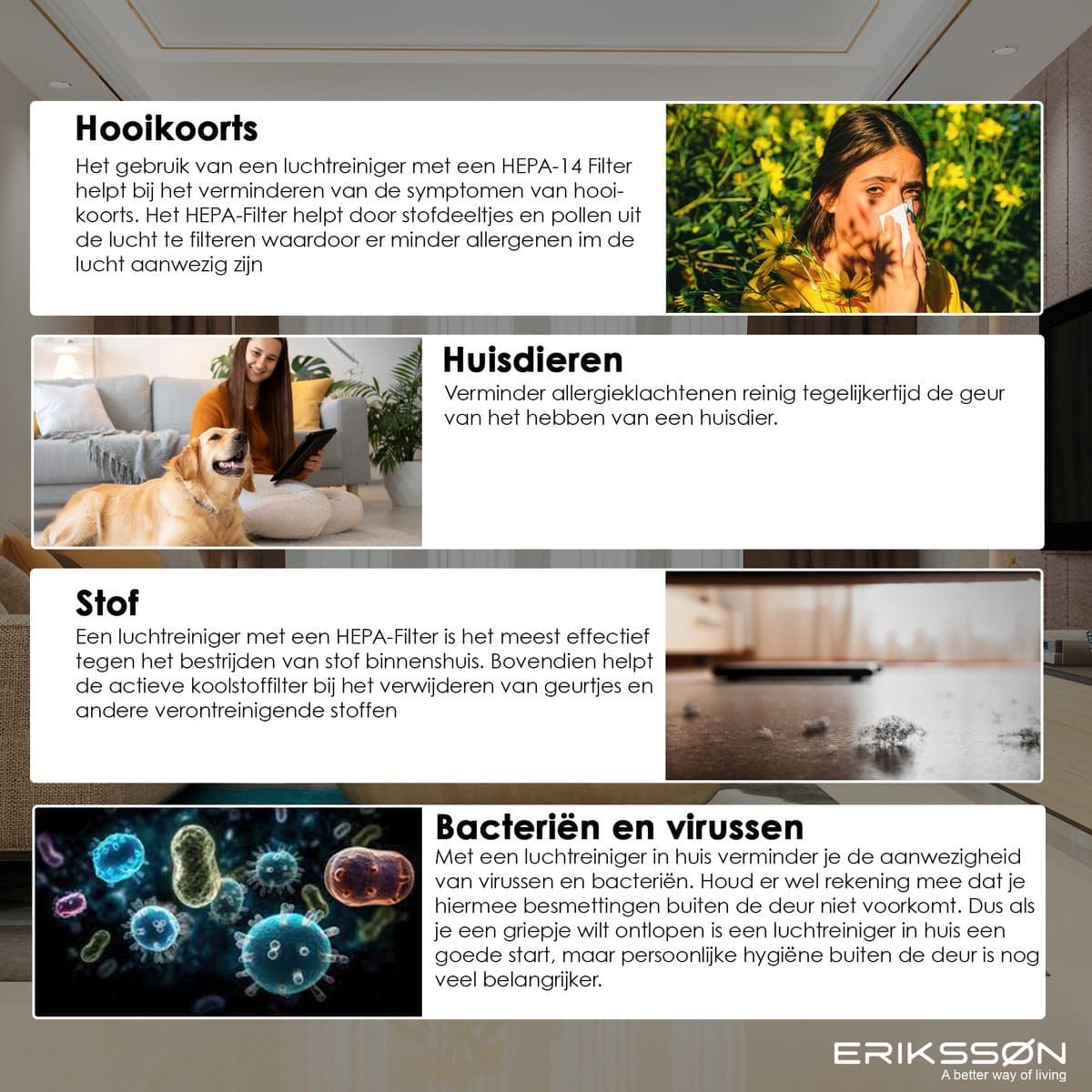 Erikssøn Luchtreiniger Prime - Met Hepa Filter 2x - 70 m3/u - Vermindert Stof En Pollen - Air Purifier - Wit thumbnail 5