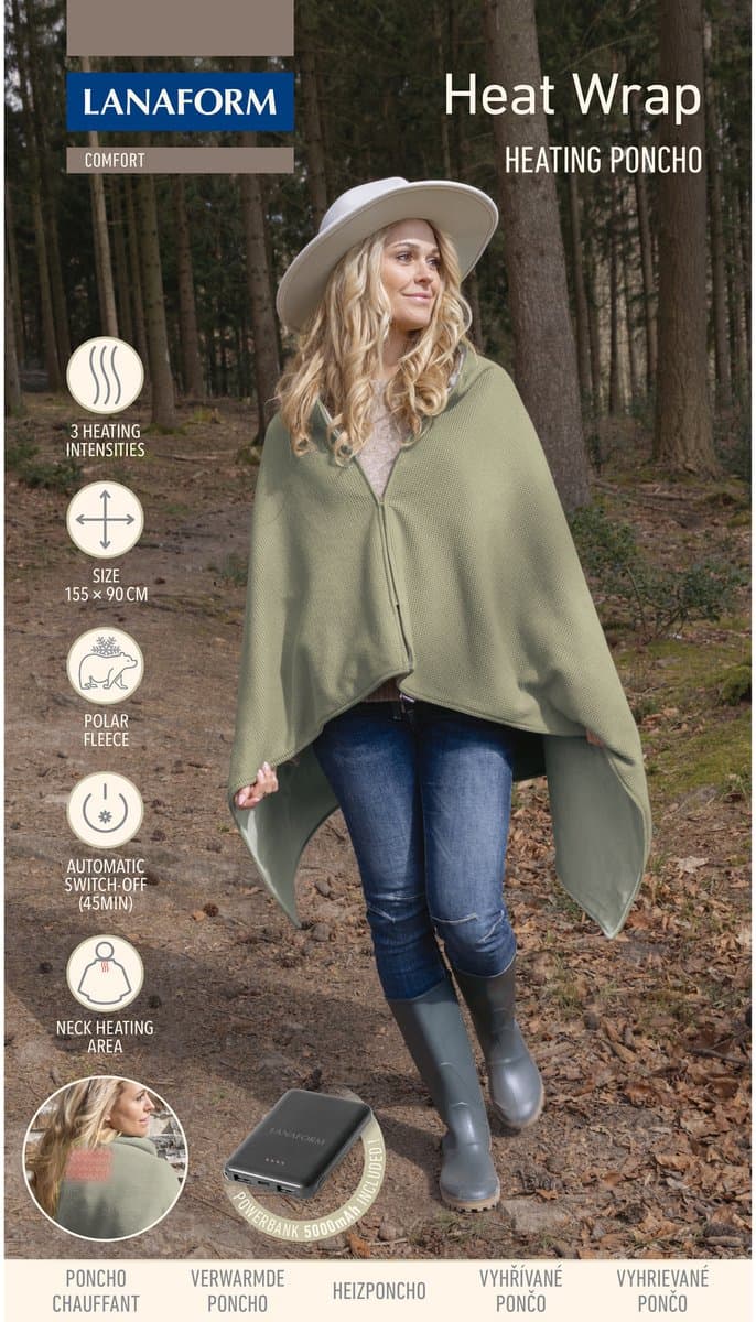Lanaform - Heat Wrap - Draadloze Verwarmde Poncho - Verwarmingsdeken Nomade - Warmte Nek Buiten - Draagbare Batterij 5000mAh - Ultra Zachte Fleece - Winter Thuis Wandeling Comfort thumbnail 2