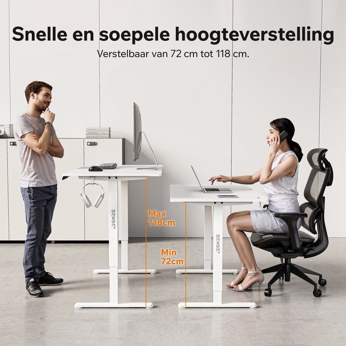 SENSE7 NOJO LIGHT - Zit Sta Bureau - 140 cm x 70 cm - Elektrisch bureau - Verstelbare bureau - Elektrische Hoogteverstelling - Hoogte 72-118 cm - Intelligent Bedieningspaneel - Wit thumbnail 2