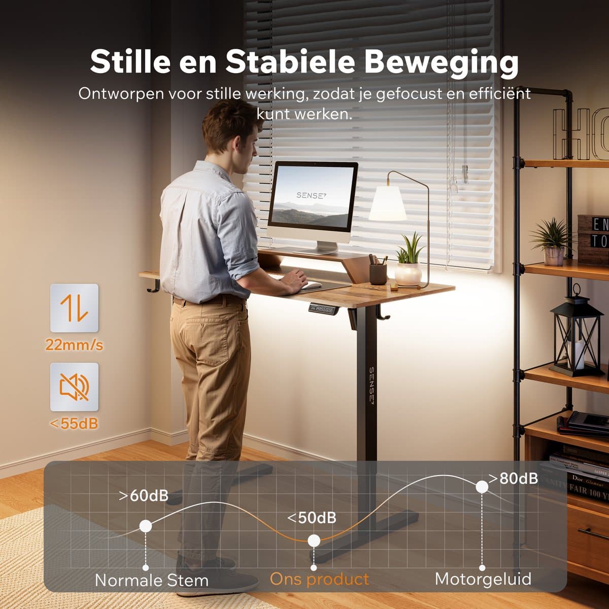SENSE7 NOJO LIGHT - Zit Sta Bureau - 120 cm x 60 cm - Elektrisch bureau - Verstelbare bureau - Elektrische Hoogteverstelling - Hoogte 72-118 cm - Intelligent Bedieningspaneel - Donkerbruin thumbnail 4
