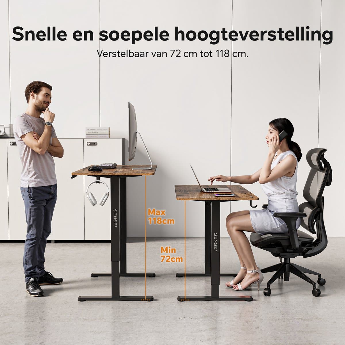 SENSE7 NOJO LIGHT - Zit Sta Bureau - 120 cm x 60 cm - Elektrisch bureau - Verstelbare bureau - Elektrische Hoogteverstelling - Hoogte 72-118 cm - Intelligent Bedieningspaneel - Donkerbruin thumbnail 5