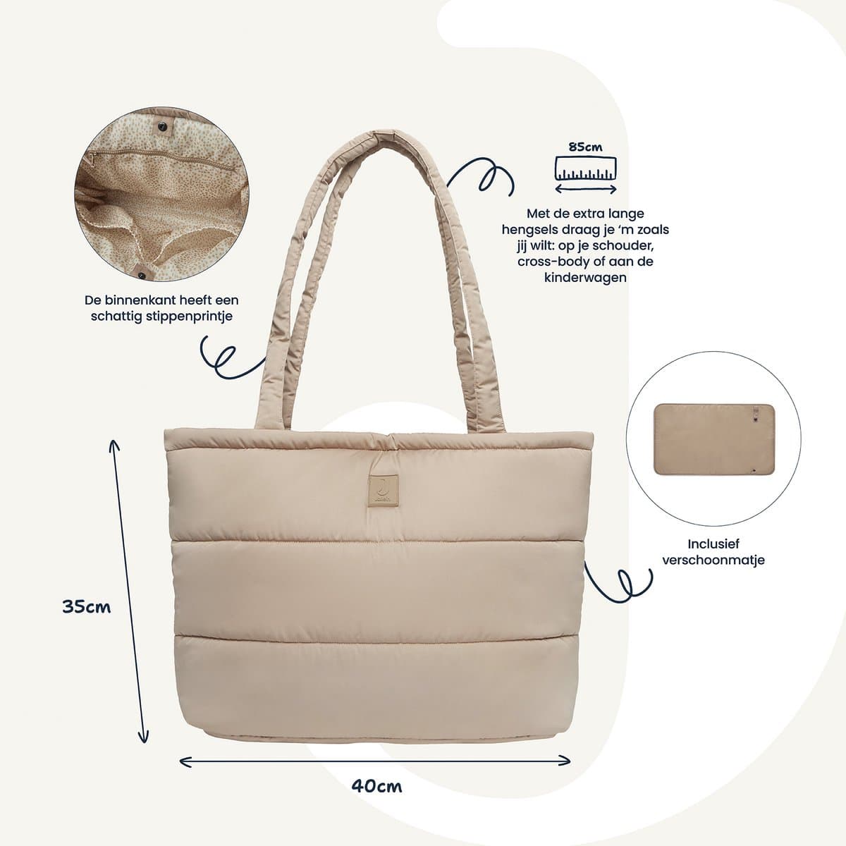 Jollein - Luiertas Puffed - Mombag - Biscuit - 40x35x16 cm - Inclusief Verschoonmatje thumbnail 7