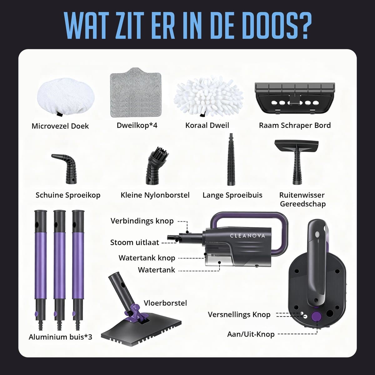 Cleanova 16-in-1 Stoomreiniger - Vlekkenreiniger - Handstomer voor diepte reiniging vloer, bank, badkamer en tapijt - Stoomdweil - Tapijtreiniger - extra lang 7 meter netsnoer - Steam Cleaner Zwart / Paars thumbnail 7